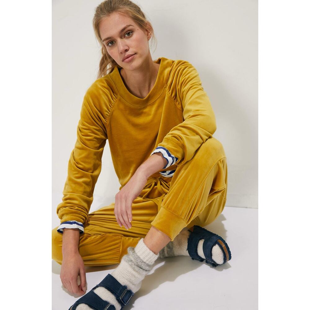 Anthropologie Saturday sunday size S Kamira velour yellow sweatshirt rouched